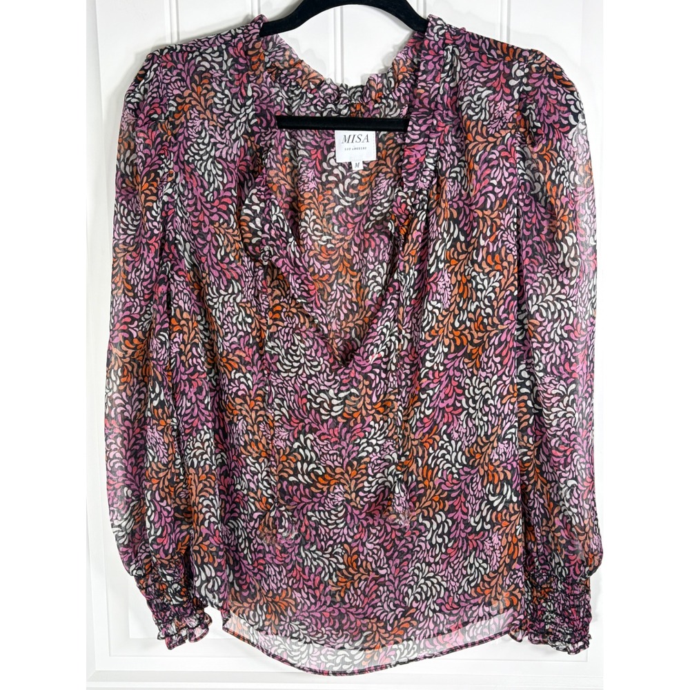 MISA Los Angeles Pink Abstract Leaf Ruffle V-Neck Smocked Blouse Medium